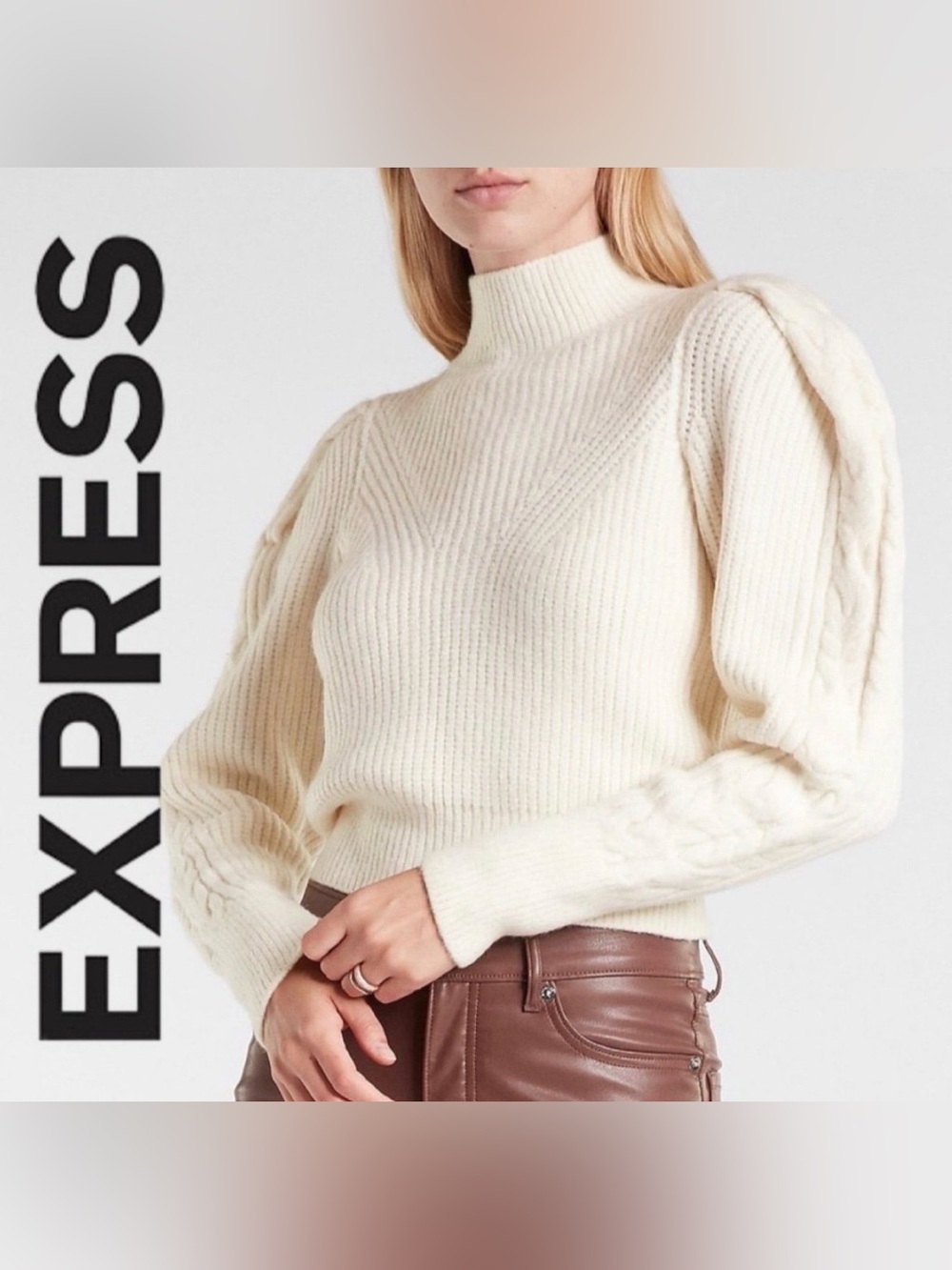 NWT Express Cable Knit Puff Sleeve Open Back Sweater Size M